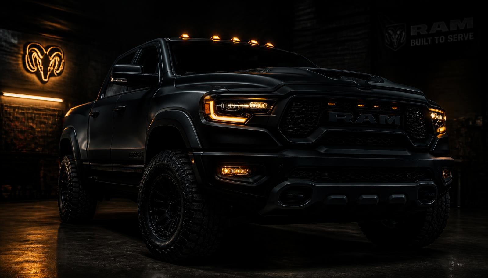 Blacked-out truck front end in a dark garage